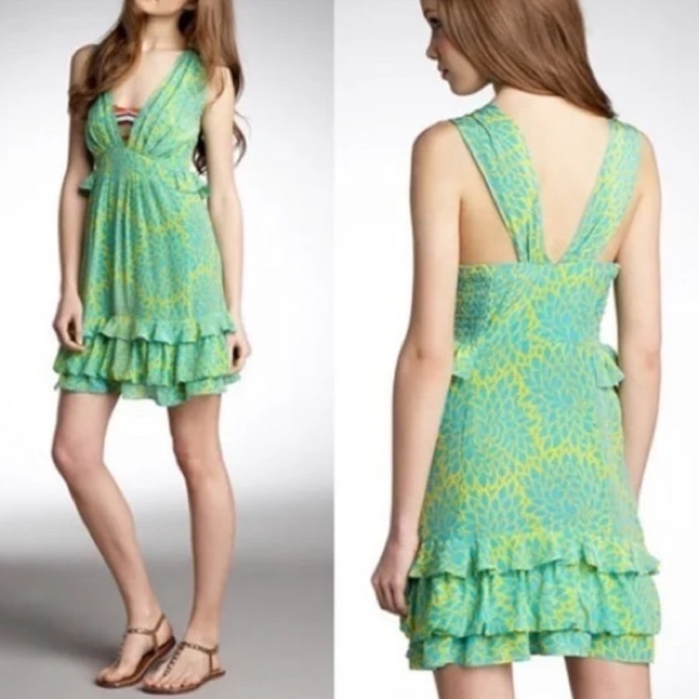 Nanette Lopore Santa Fe Oasis Teal & Yellow Sleeveless 100% Silk Dress Sz. 4